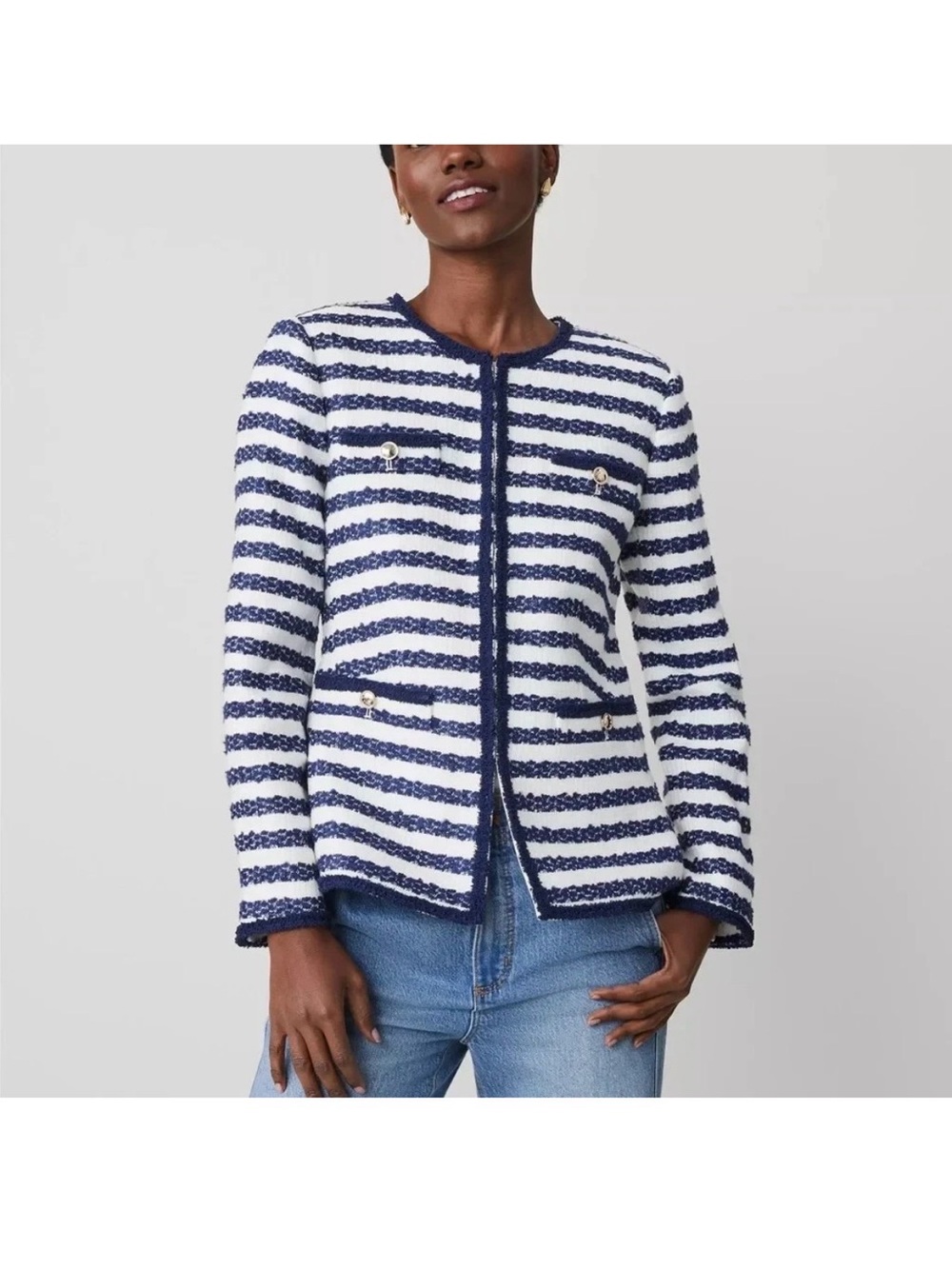 NEW $179 ANN TAYLOR BLUE WHITE STRIPED BOUCLE TWEED FITTED JACKET BLAZER SZ 8